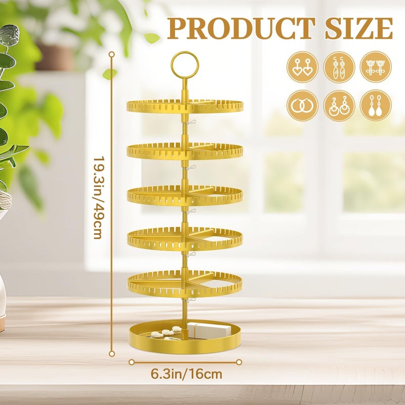 MODOWEY 5 Tier Rotating Earring Holder Organizer Display Tree with Metal Tray, Adjustable Plastic Stand with 285 Slots for Stud Hoop Hanger, Large Capacity Storage Rack for Women Space Saving, Gold - Image 2